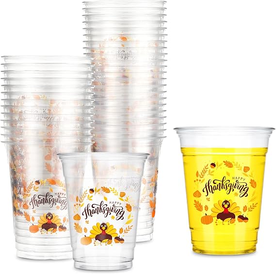 36 Pcs Thanksgiving Plastic Cups 12 oz Thanksgiving Disposable Fall Party Cup Decorations Turkey Pumpkin Clear Drinking Cup for Autumn Birthday Party Supplies