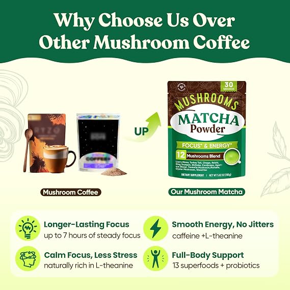 Venture Pal Mushroom Matcha Powder with 13 Superfood and 1.5B Probiotics