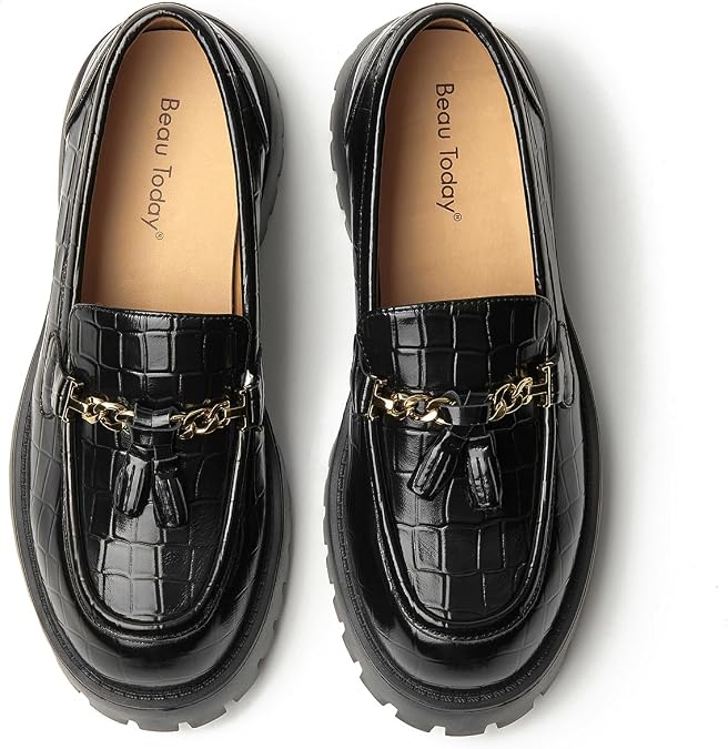 BEAU TODAY Chunky Loafers for Women,Womens Platform Loafer Shoes,Chunky Heel Lug Sole Slip-on Tassel Shoes,Comfort Round Toe Business Work Office Shoes Black-B US 8