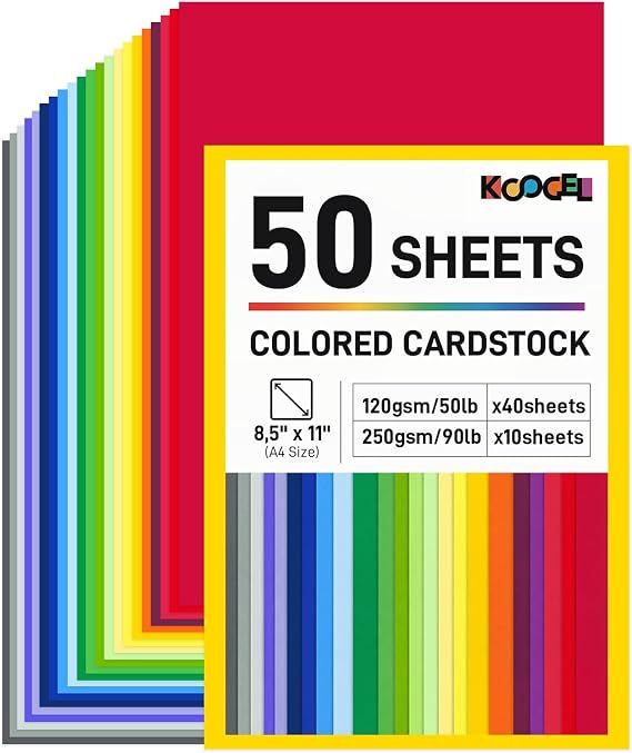 Koogel Colored Cardstock 8.5" X 11", 40 Sheets 120GSM and 10 Sheets 250GSM Construction Paper, Cardstock Printer Paper for Printing, Card Making, DIY Crafts, Kids School Supplies, Party, 20 Colors