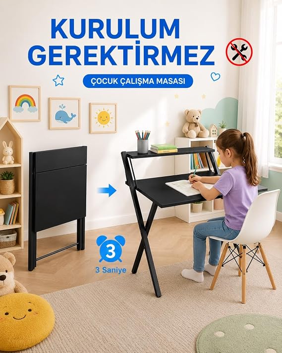 Dobo Çocuk Öğrenci Katlanır Çalışma Masası Ders Masası, Siyah - Siyah