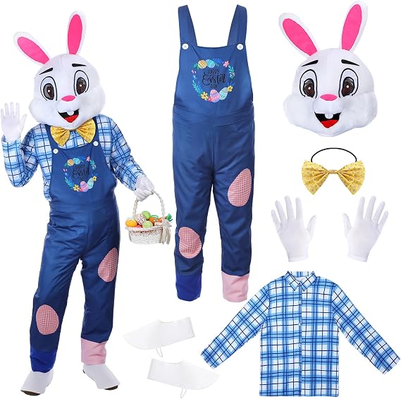 Hicarer Easter Bunny Costume for Adult Professional Happy Easter Rabbit Mascot Dungarees and Bunny Head Unisex Cosplay Costume Accessories