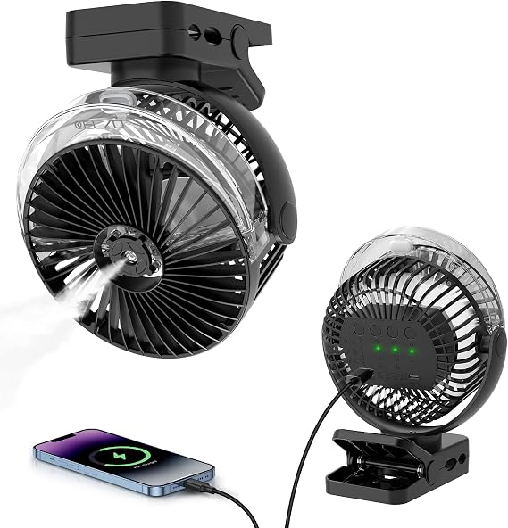 ELZO 12000mAh Clip on Fan, USB Desk Fan Rechargeable with LED Light & Hanging Hook & Magnetic & Spray function, Clip Fan Quiet 360 Rotation Portable for Desktop Stroller Office Tent Car RV