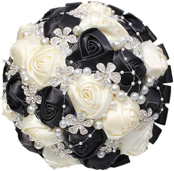 S_SSOY Wedding Bouquet Bride Bridal Brooch Bouquets Bridesmaid Bouquet Diamond Pearl Ribbon Valentine's Day Confession Party Church with Free Corsage Flower, Black+White