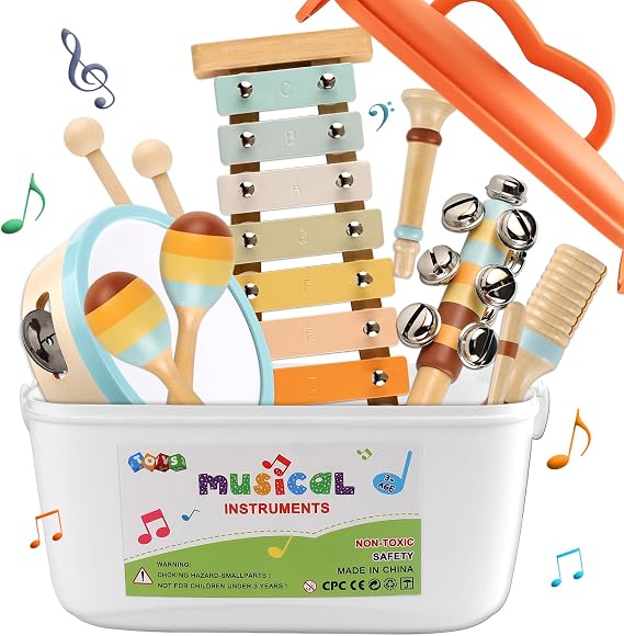 LOOIKOOS Toddler Musical Instruments,Montessori Wooden Toys for Toddlers Preschool Educational Neutral Colors Percussion Instruments Set with Modern Boho Xylophone for Kids