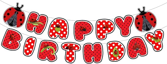Ladybug Theme Happy Birthday Banner - Red Ladybug Pattern - 5" x 5" - Standard Banner - Wall Mount - Birthday, Baby Shower - Girls, Boys, Women