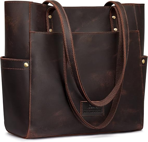 S-ZONE Leather Tote Bag for Women Large Work Handbag with a Removable Pouch | Top Grain Leather, Genuine Leather, Multi Pockets, Retro Shoulder Purse, Work Travel Everyday