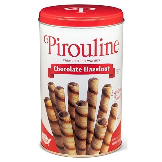 Pirouline Rolled Wafers Chocolate Hazelnut Rolled Wafer Sticks, Creme Filled Wafers, Rolled Cookies for Coffee, Tea, Ice Cream, Snacks, Parties, Gifts, and More 14.1oz Tin 1pk