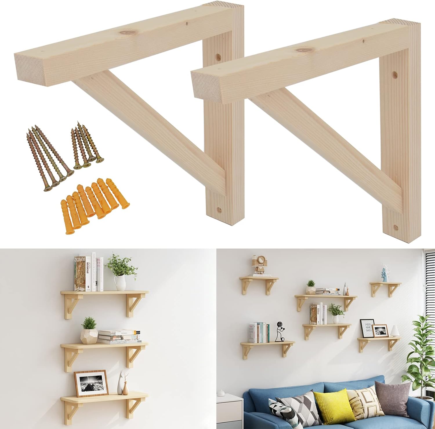 OVOV 4 Pack Wall Mount Wood Shelf Bracket Triangle Wooden Shelf Brackets for Plank Sconce Plug in Pendant Lamp Decorative DIY Wooden Bracket Include Mounting Screws 7 Inch