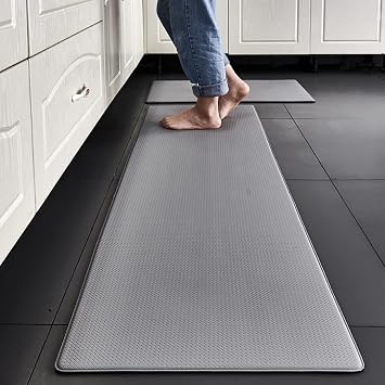 Braiton Kitchen Mat Comfort Anti-Fatigue Floor Mat Thick Waterproof Washable Non Slip Rubber Padded Kitchen Sink Mats 2 PCS Heavy Duty Comfort Standing Mats,Gray,45X75cm+45X150cm