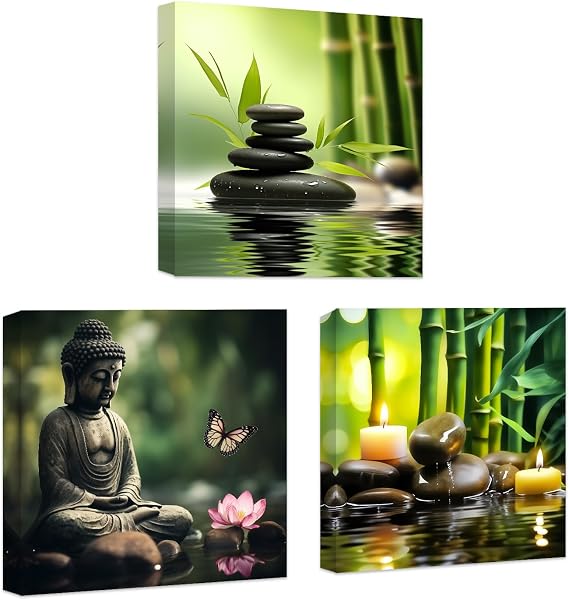 CCWACPP Zen Canvas Wall Art 3 Piece Bamboo Spa Pictures Zen Stones Candles Painting Buddha Print Bathroom Beauty Treatment Meditation Room Decor Framed (12"x12"x3)