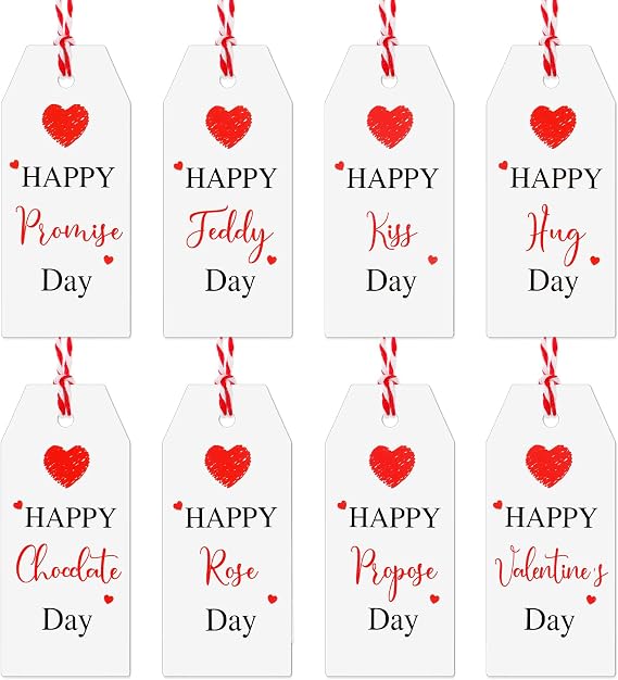 Geyoga 8 Pcs Valentine Gift Tag with String 7 Days Rose Propose Chocolate Promise Hug Kiss Happy Valentine Week Hanging Red Heart Tag for Gift Wrapping Treat Bag Party Favors
