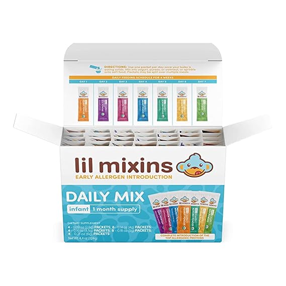 Lil Mixins Allergen Introduction Daily Mix for Babies, Top 7 Allergens | 7 Common Allergens: Peanut, Egg, Cashew, Walnut, Almond, Soy, Sesame, Easy-Mix Powder for Babies 4-12 Months, 1-Month Supply