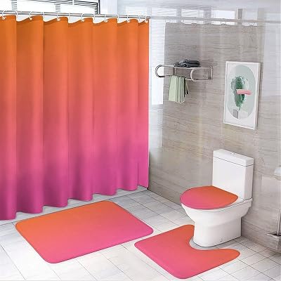 4Pcs Shower Curtain Sets, Orange and Pink Gradient Bathroom Sets with Non-Slip Bath Rugs, Toilet Lid Cover & U Shape Mat, Waterproof Shower Curtain with 12 Hooks, 72x72