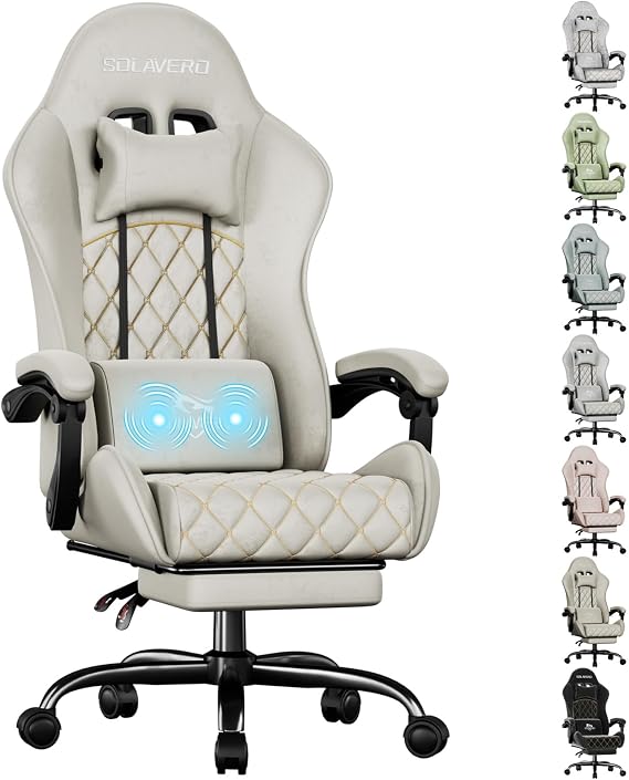 Fabric Gaming Chair, Massage Computer Chair, Brown