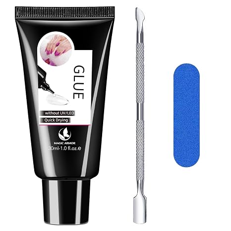 MAGIC ARMOR 30g Semi Solid Nail Glue for Press On Nail, No UV Lamp Need | Nail Glue with Cuticle Pusher and Nail File, Quick Drying Glue Long Lasting for Fake Acrylic Nails