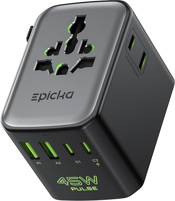 Epicka Pulse Duo 45W Universal Travel Adapter, International Power Adapter with PD & QC 3.0 Fast Charging for 2 Devices Simultaneously, European Travel Plug Adapter, Travel Essentials (Black)