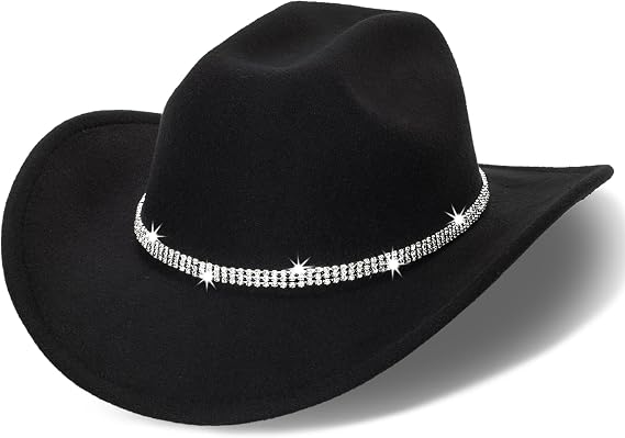 Unisex Western Felt Cowboy Hats - Classic Roll Up Brown Cowgirl Wide Brim Fedoras Hat with Shiny Rhinestones Band