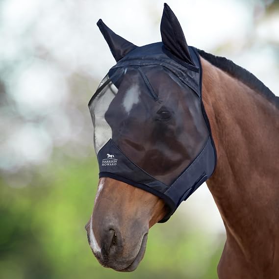 Harrison Howard CareMaster Horse Fly Mask Large Eye Space Half Face with Ears Black Small Pony