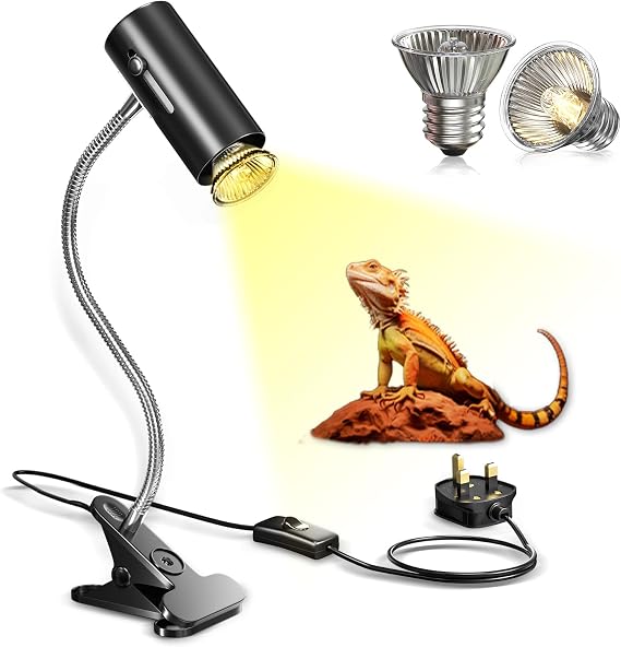 GlowUp Tortoise Heat Lamp with 2Pack 50W UVA/B Heat Bulb,360° Rotatable Reptile Heat Lamp Holder with Switch,150W Basking Light Fixture with Clamp for Bearded Dragon,Lizard,Turtle [Energy Class G]