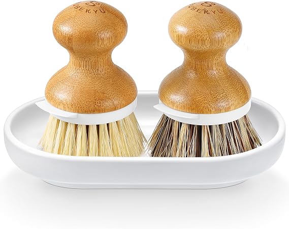 Bamboo Dish Brush,Sisal Brush with Scraper,2 Pack with Ceramic Holder | Vegetable Brush,2-Pack Natural Sisal Bristles-2 Soft, 1 Firm,Kitchen Wooden Cleaning Scrubbers Set