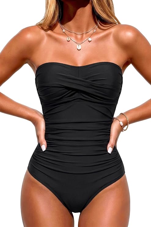 Womens Strapless One Piece Swimsuit Tummy Control Bandeau Bathing Suits