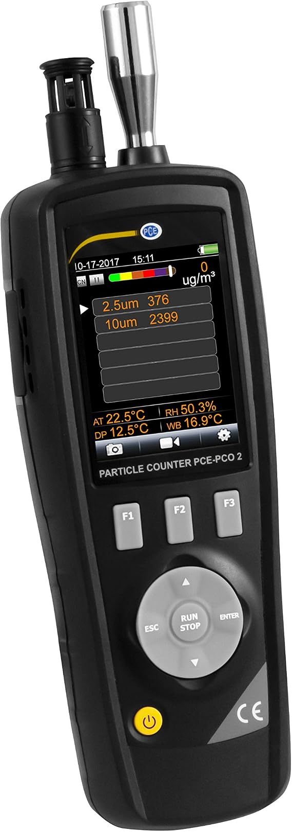 PCE Instruments PCE-PCO 2 Particle Counter, for Cleanroom & IAQ Checks, Measures 0.3/0.5/1/2.5/5/10 m Particles Plus Temp C/F & RH, with Data Logger, ISO 14644 Reporting, USB & Color LCD