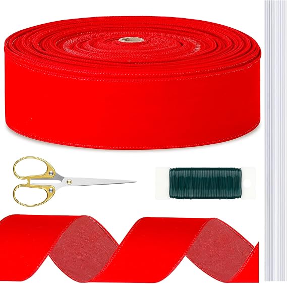 Threehoney 60 Yards Red Velvet Wired Ribbon 2.5 Inches Wreath Bow Gift