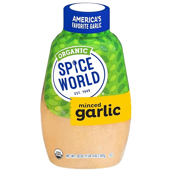 Spice World Squeezable Organic Minced Garlic Value 20oz Container, USDA Certified Organic Garlic with Non-GMO Ingredients Ready-to-Use Seasonings for Cooking in Convenient Squeeze Bottle