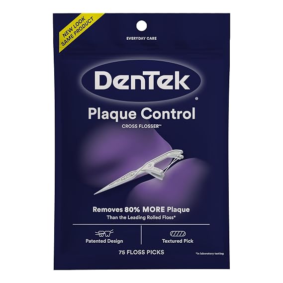 Dentek Floss Picks, Plaque Control Cross Flossers, 75 Count | X-Shaped Cross Flosser, Dental Flossers, Plaque Removal, Oral Care, Patented Design, Textured Pick, Mouthwash Blast Mint