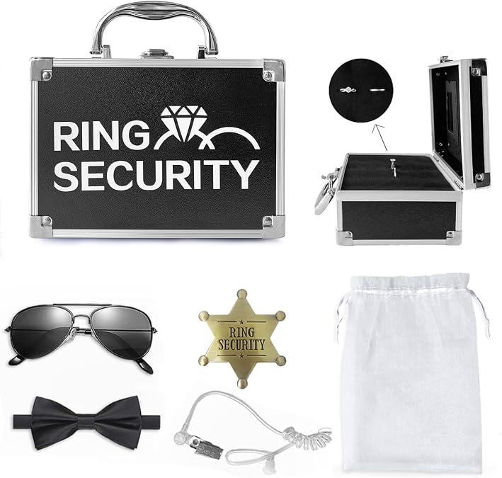 Ring Security Wedding Ring Bearer Briefcase Gift, 6PCS Ring Box with Badge, Bow Tie, Sun Glasses, Earpiece & Mission Card Special Agent Security for Wedding Proposal Outfit Cosplay