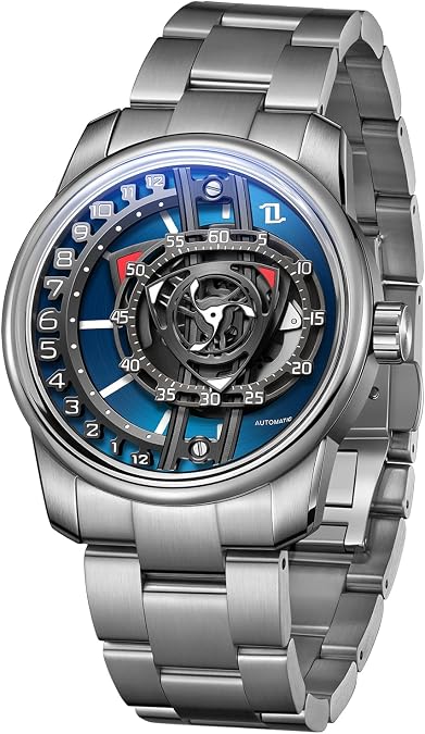 OBLVLO Luxury Automatic Mens Watch, Stainless Steel Band, Black Mechanical Dial, Silver