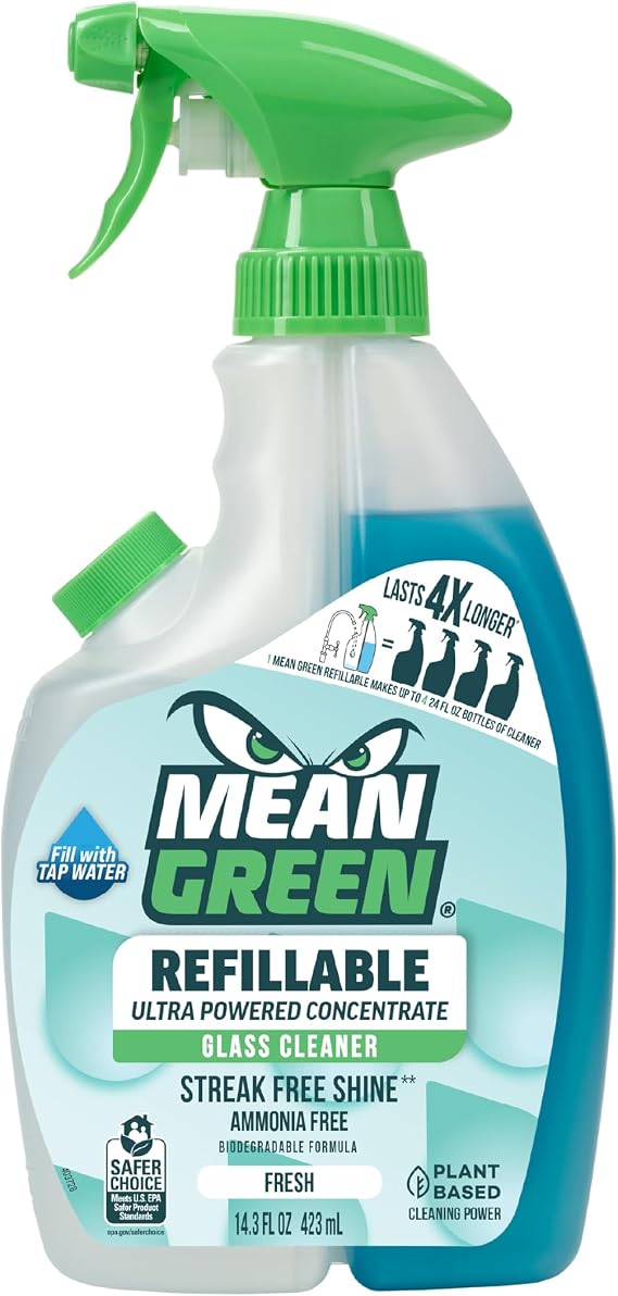 Mean Green Refillable Ultra Powered Glass Cleaner Concentrate, Fresh Scent, 14.3 fl oz Plant & Mineral Based, Streak-Free Shine, Refillable Bottle Makes 4X Refills