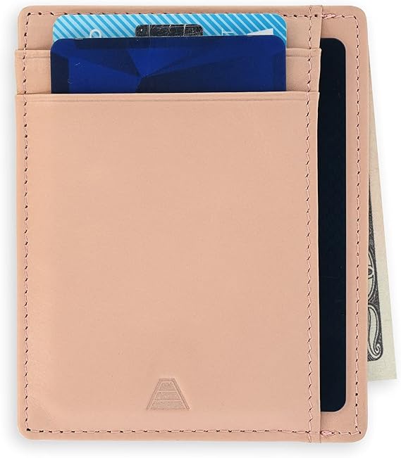 Andar Leather Slim Wallet, Minimalist Front Pocket RFID Blocking Card Holder Made of Full Grain Leather - The Scout (Blush)