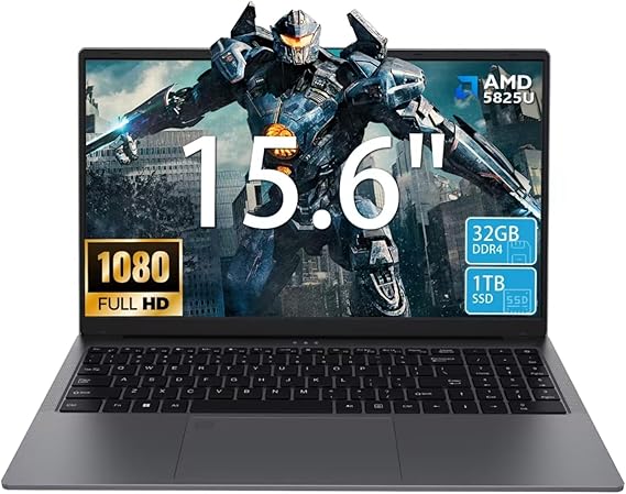 15.6 Inch Gaming Laptop, AMD Ryzen 7 5825U, 32GB DDR4 RAM 1TB NVMe SSD | 8C16T Processor, 2.0 to 4.5GHz, AMD Radeon Graphics, Laptop Computer with Backlit KB, Fingerprint Reader, Webcam Switch