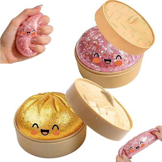 Giant Glitter Dumpling Squishy,Dumpling Squishy Stress Balls,Squishy Dumplings Toy with Steamer Box,Soft Squeeze Dumplings Squishys,Cute Soft Glitter Calming for Stress Relief (Pink+Gold)