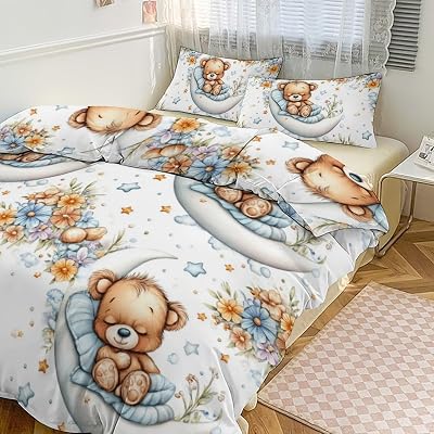 Cute Teddy Bear Floral Comforter Sets Full Size 3pcs Twin Comforter Set Bedding with 2 Pillowcases for Boys Girls Kid Teen Adult,All Season Bed Sets,Bedroom Decor Twin 86x70