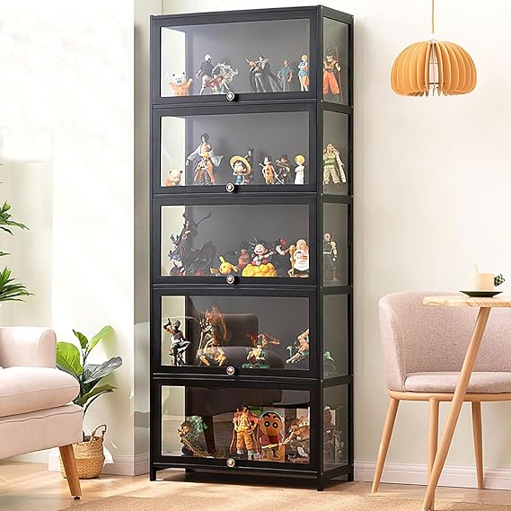Acrylic Display Cabinet, Living Room Display Cabinet, Showcase, Tough Texture, Sealed and Dustproof, Suitable for Various Scenarios (5 Tiers Black 60 * 33 * 172 Transparent on 3 Sides)