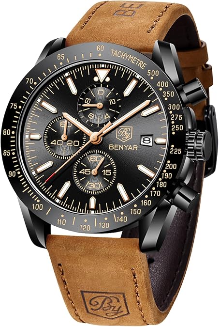 BENYAR Mens Watches Quartz Movement Chronograph Leather Strap Fashion Business Sport Design 30M Waterproof Scratch Resistant Elegant Gifts for Men