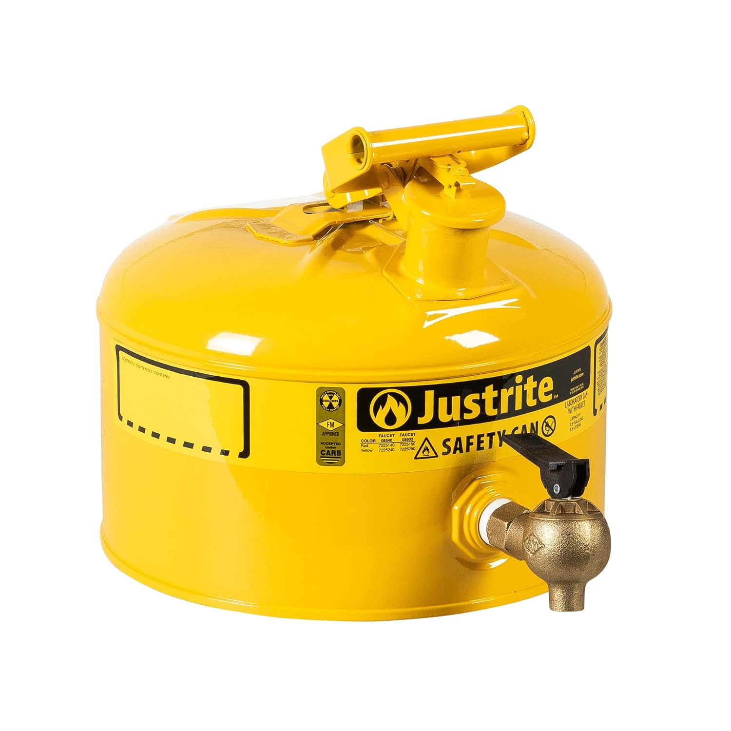 Justrite 7225240 Type I Galvanized Steel Laboratory Safety Shelf Can with Brass Safety Bottom Faucet, 2.5 Gallon Capacity, Yellow