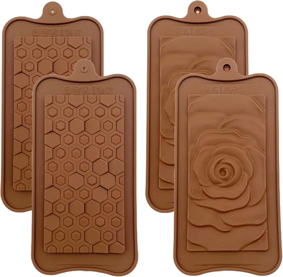 Goldbaking 4 Piece Chocolate Bar Mold Silicone Energy Bar Making Non-Stick Protein Bar Moulds Rose Honeycomb Shape Candy Ice DIY Tool
