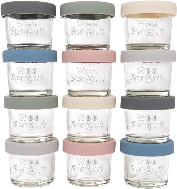 WeeSprout Glass Baby Food Storage Jars with Silicone Lids (4 oz, 12 Pack Set) Snack, Puree, Reusable Small Containers, Breast Milk, Fridge or Freezer, Essential Must Have for Infants