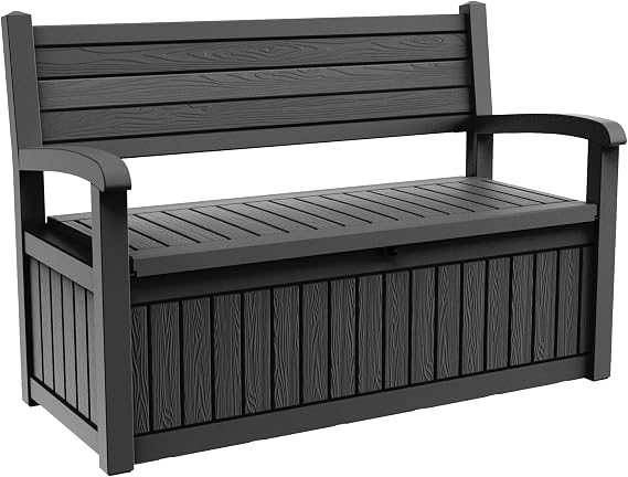 EFU Outdoor Bench Storage Deck Box, 100 Gallon Waterproof Wicker Patio Furniture Seating, Lockable Package Delivery Box & Toy Cabinet for Garden Cushions and Pool Supplies(Black)