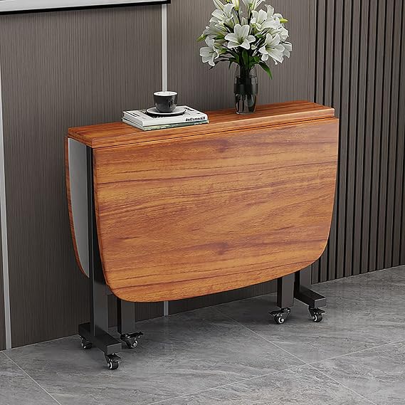 Folding Kitchen Table, Drop Leaf Dining Table, Wood Extendable Table Dining, Saving Space, Round Edge Design, Adjustable Moveable Kitchen Desk Table Wheels (Brown,120x70cm)