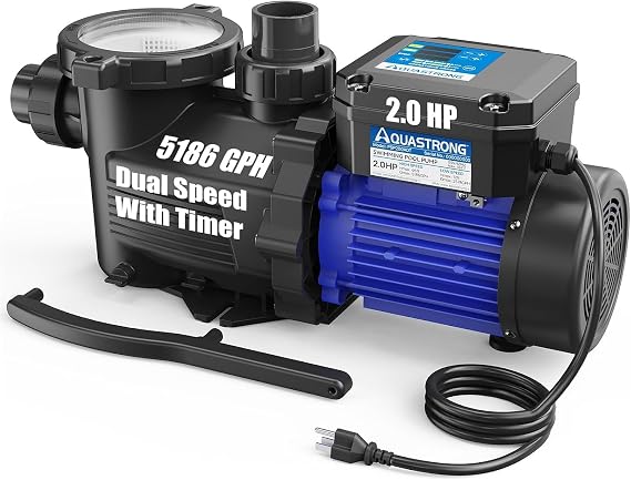 Aquastrong 2HP In/Above Ground Pool Pump, Dual Speed with Timer, 115V, 5186GPH, High Flow Self Primming Swimming Pool Pump,Black