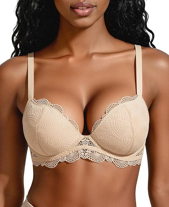 Plusexy Women's Push Up Lace Bra Padded Plunge Underwire T-Shirt Bras