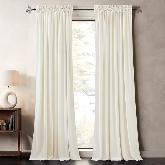 Pony Dance White Velvet Curtains 84 inches - Soundproof Room Darkening Curtains & Drapes for Living Room,Extra Wide Rod Pocket Window Drapes for Bedroom,Set of 2 Panels,Wool White