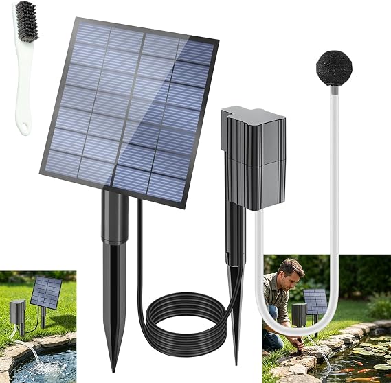Solar Pond Aerator with Air Pump, Solar-Powered Pond Aerator with Pipe Air Bubble Stones, Solar Air Pump for Garden Fish Tank Outdoor Pool Pond (1pc)