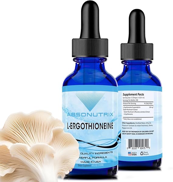 L-Ergothioneine Liquid Supplement 590 mg, 200 Servings, Made in USA, Quick Absorption, Quality Potent Ingredients, Non-GMO, GMP Certified Facility, Cruelty-Free Products