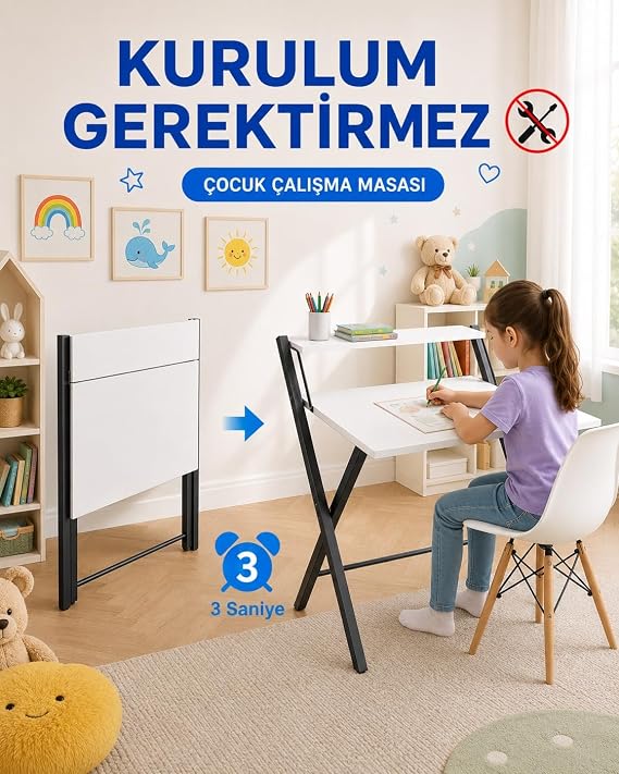 Dobo Çocuk Öğrenci Ders Masası Katlanır Çalışma Masası, Siyah - Beyaz